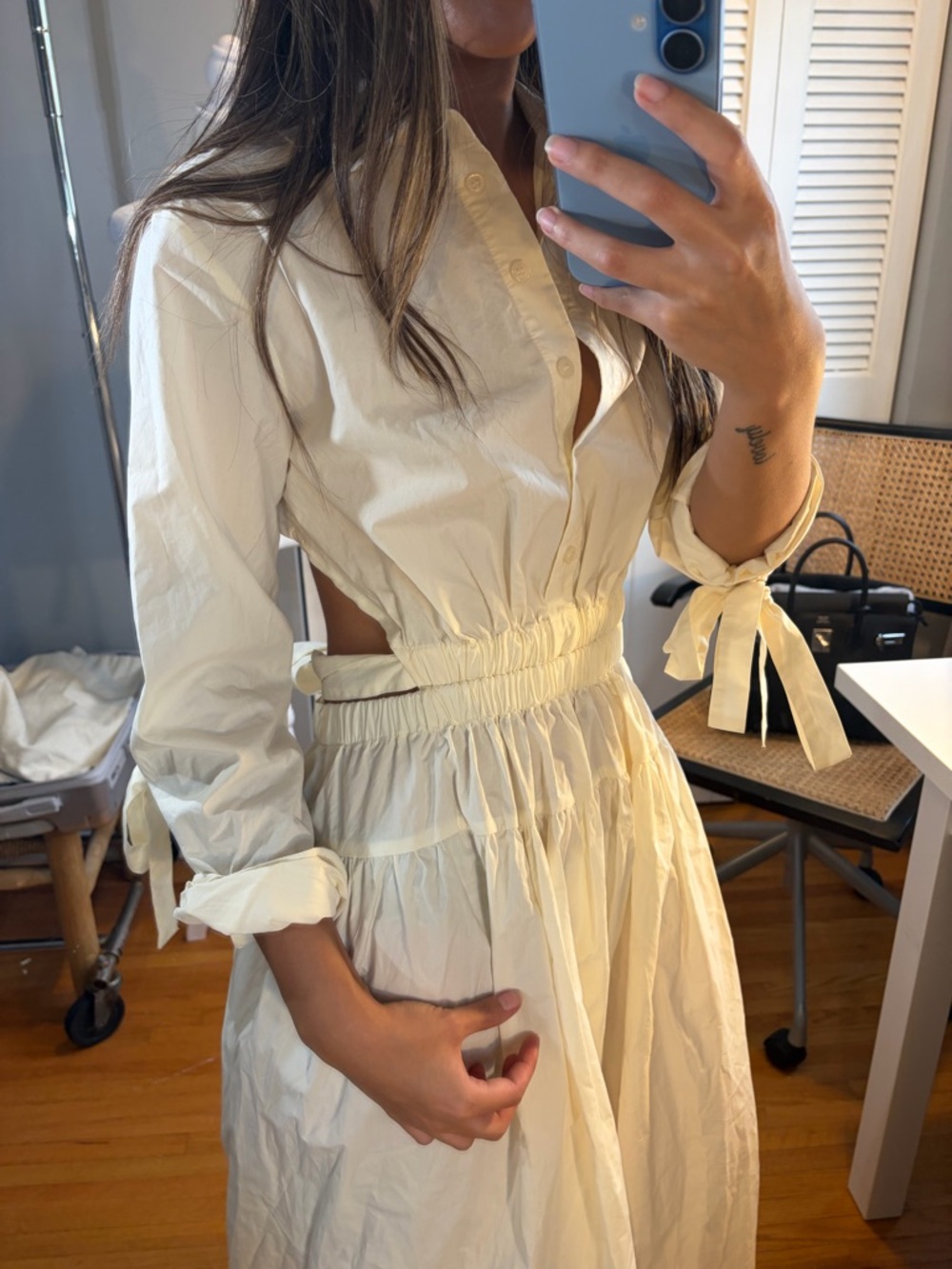 L'Academie Cream Shirred-Waist Midi Dress with Tie Cuffs